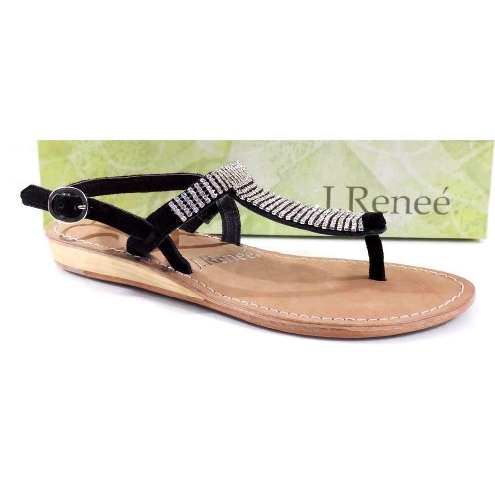 Women's J.Renee Stella Low Wedge T-Strap Sandals Rhinestone Suede Black Size 7.5 - Picture 3 of 9